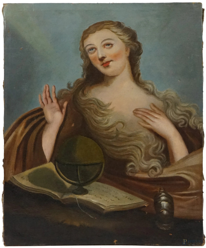 Figura femminile allegorica, olio su tela, cm 87x70, fine XVIII secolo, (difetti e restauri)  - Asta ASTA A TEMPO DI ANTIQUARIATO E ARTE MODERNA - Aste Pirone