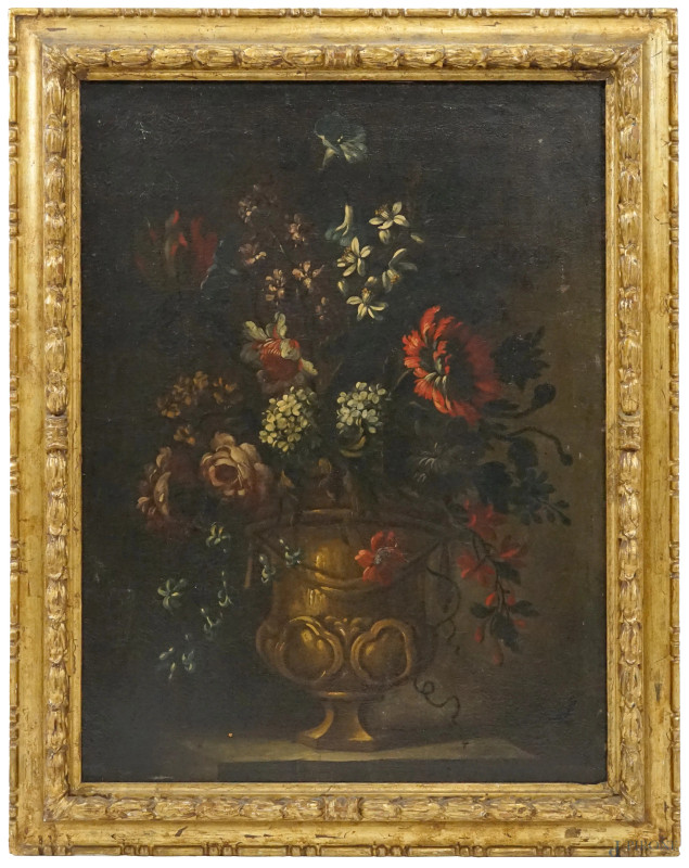 Pittore del XVIII secolo, Vaso con fiori, olio su tela, cm 83x63, entro cornice, (lievi difetti)  - Asta ASTA A TEMPO DI ANTIQUARIATO E ARTE MODERNA - Aste Pirone