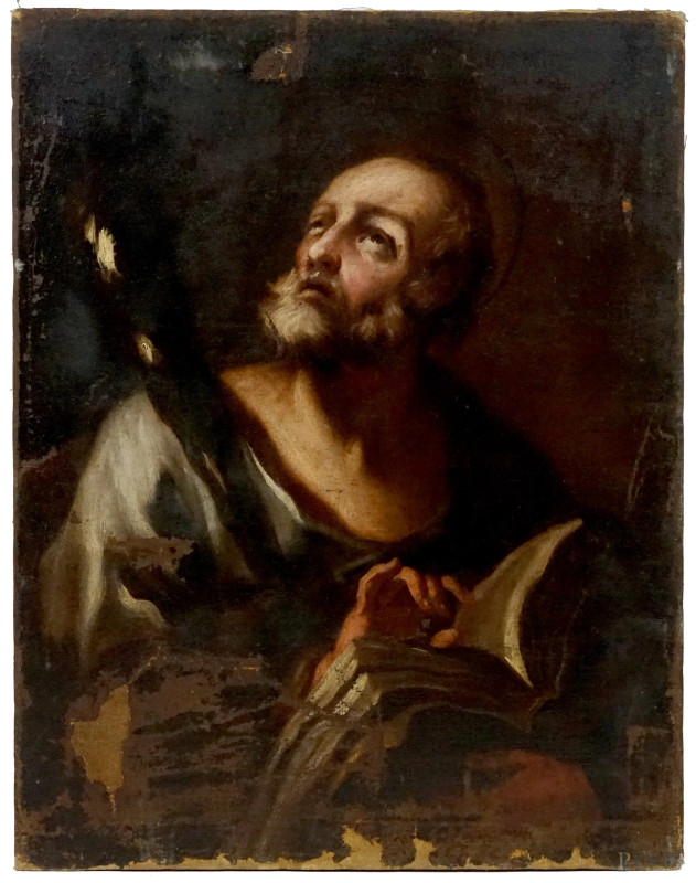 Pittore napoletano del XVII secolo, Santo con libro e clava, olio su tela, cm 92x73, (difetti sulla tela)  - Asta ASTA A TEMPO DI ANTIQUARIATO E ARTE MODERNA - Aste Pirone