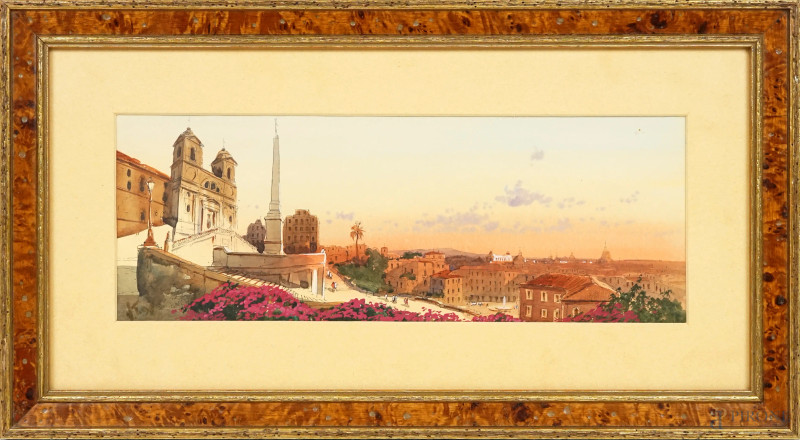 Trinità dei Monti al tramonto, acquarello su carta, cm 22,5x45 circa, XX secolo, entro cornice.  - Asta ASTA LIVE DI ANTIQUARIATO E ARTE MODERNA – DUE SESSIONI POMERIDIANE - Aste Pirone