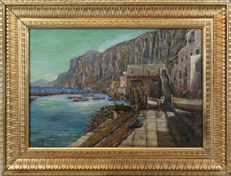 Scorcio di costa ligure, olio su tela riportata su cartone, cm 33,5x48, firmato, entro cornice.  - Asta ASTA DI ARTE MODERNA E ANTIQUARIATO - Aste Pirone