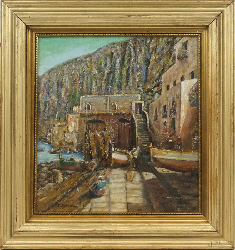 Costiera, olio su cartone telato, cm 31x28, firmato, entro cornice.  - Asta ASTA A TEMPO DI ANTIQUARIATO E ARTE MODERNA - Aste Pirone