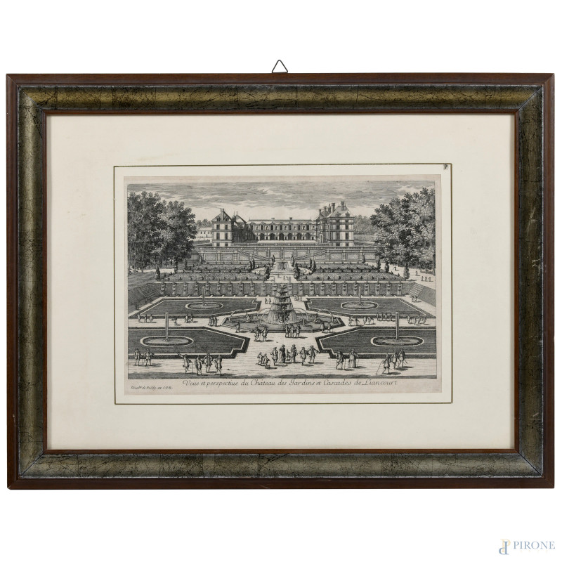 Nicolas de Poilly, acquaforte raffigurante Veduta dei giardini di Liancourt, cm 34x47 compreso passepartout, entro cornice  - Asta ASTA A TEMPO | PICTA MANENT - Aste Pirone