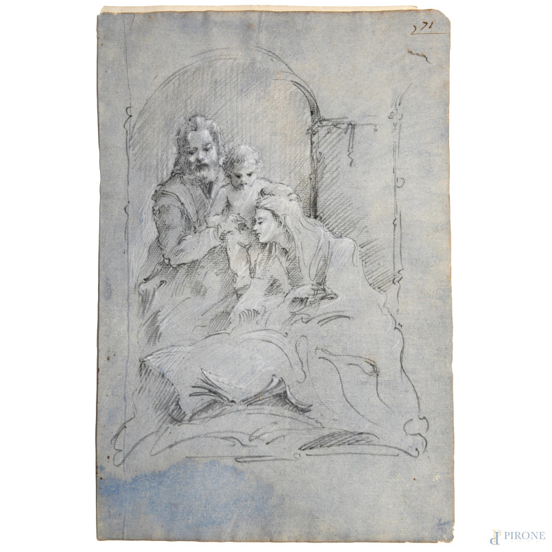 Sacra famiglia, XIX secolo, tecnica mista su carta, cm 32,5x21,5, (ondulazioni della carta, lievi segni di usura, piccola rottura nell'area superiore destra)  - Asta ASTA A TEMPO | VARIÆ - Aste Pirone