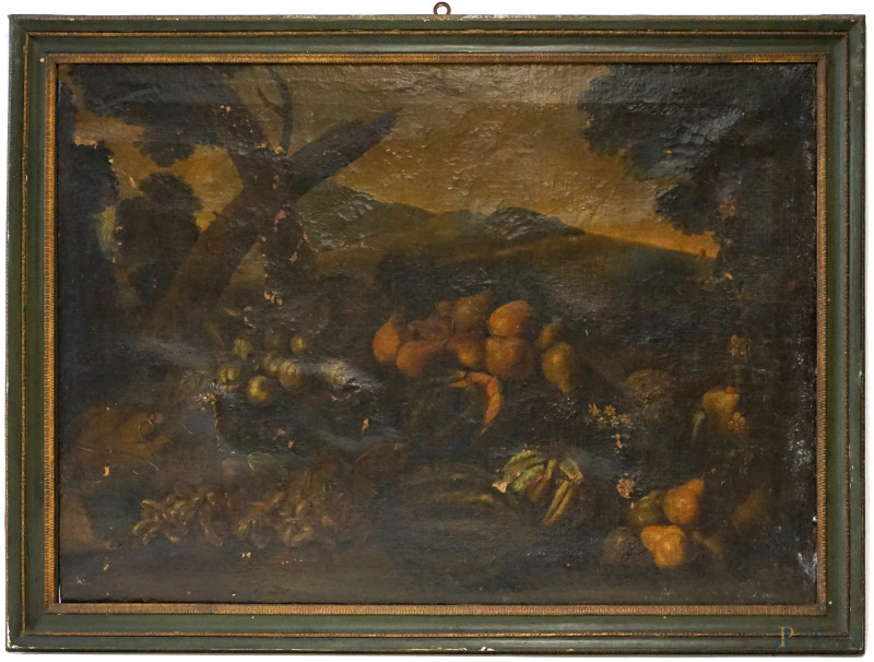 Pittore del XVII-XVIII secolo, Natura morta- Pere, uva e meloni,  olio su tela, cm 99x138, entro cornice, (difetti sulla tela e cadute di colore diffuse).  - Asta ASTA A TEMPO DI ANTIQUARIATO E ARTE MODERNA - Aste Pirone