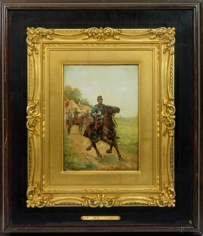 Soldato a cavallo, olio su tavola, cm 22x158,5, firma illegibile, entro cornice  - Asta ASTA A TEMPO DI ANTIQUARIATO E ARTE MODERNA – DUE SESSIONI - Aste Pirone