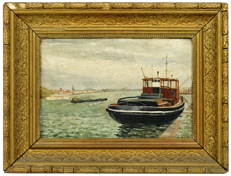 Battello a Venezia, olio su tela riportata su compensato, cm 20x30, firma a tergo, entro cornice.  - Asta ASTA A TEMPO DI ANTIQUARIATO E ARTE MODERNA - Aste Pirone