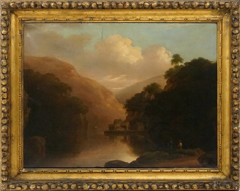 Peter Nasmyth : Paesaggio scozzese con figure, olio su tela, cm 56,5x77, entro cornice,  (difetti sulla tela)  - Asta ASTA A TEMPO DI ANTIQUARIATO E ARTE MODERNA – DUE SESSIONI - Aste Pirone