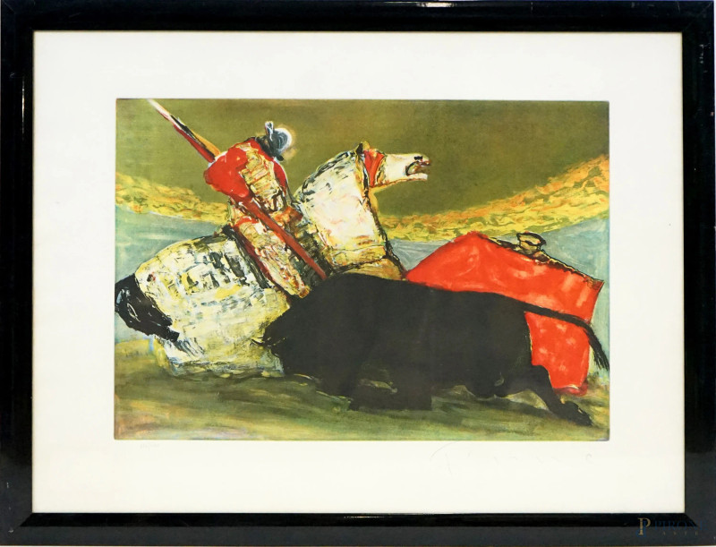 Salvatore Fiume : Hispanidad-Corrida, acquaforte/acquatinta a quattro lastre, cm 60x80, es. XIV/LXV, entro cornice  - Asta ASTA DI ARTE MODERNA, CONTEMPORANEA E VINTAGE - Aste Pirone