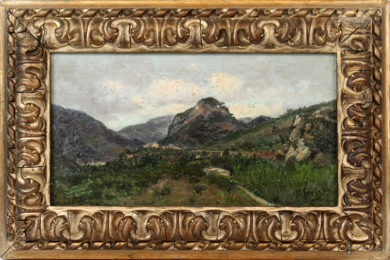 Paesaggio montano, olio su tela riportata su cartone, cm 16x30, firmato, entro cornice.  - Asta ANTIQUARIATO E ARTE MODERNA - Aste Pirone