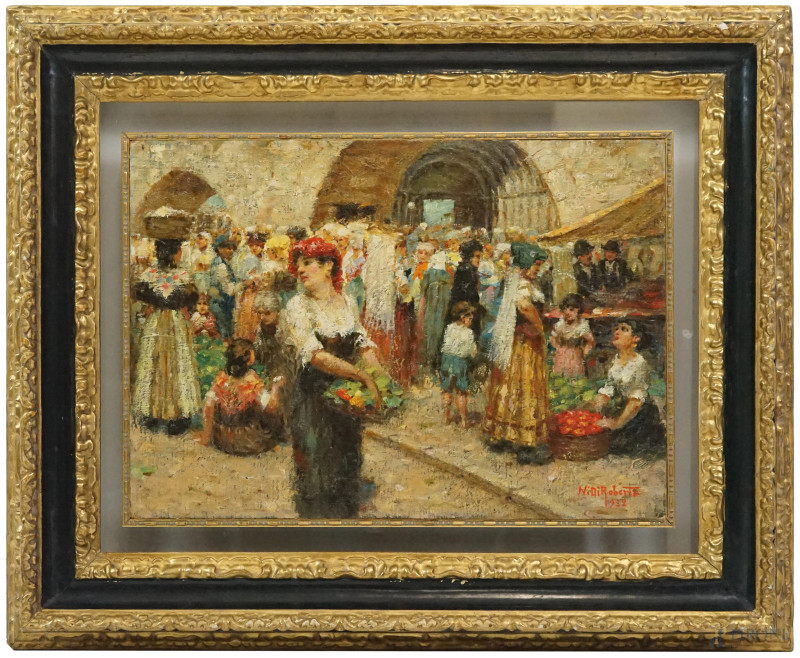 Mercato, olio su tela, cm 34x48, firmato, entro cornice.  - Asta ASTA A TEMPO DI ANTIQUARIATO E ARTE MODERNA – DUE SESSIONI - Aste Pirone