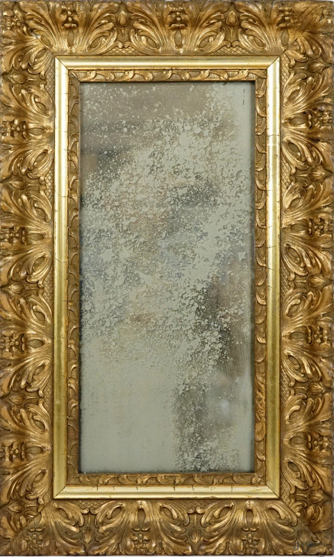 Specchiera di linea rettangolare in legno scolpito e dorato, fine XIX-inizi XX secolo, misure ingombro cm 64x38,5, (difetti).  - Asta ASTA A TEMPO DI ANTIQUARIATO E ARTE MODERNA - Aste Pirone