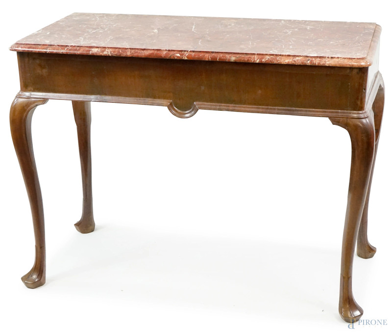 Consolle in noce con piano in marmo, XIX secolo, quattro gambe mosse, cm h 72x100x50, (difetti)  - Asta ASTA A TEMPO DI FINE STAGIONE - Aste Pirone