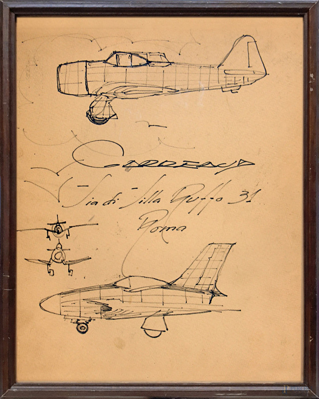 Aeropittore del Novecento, Studio di aerei, inchiostro su cartone, cm 34x29, con cornice, firmato Carreaud al centro, al retro studio per corrida  - Asta ANTIQUARIATO E ARTE MODERNA - Aste Pirone