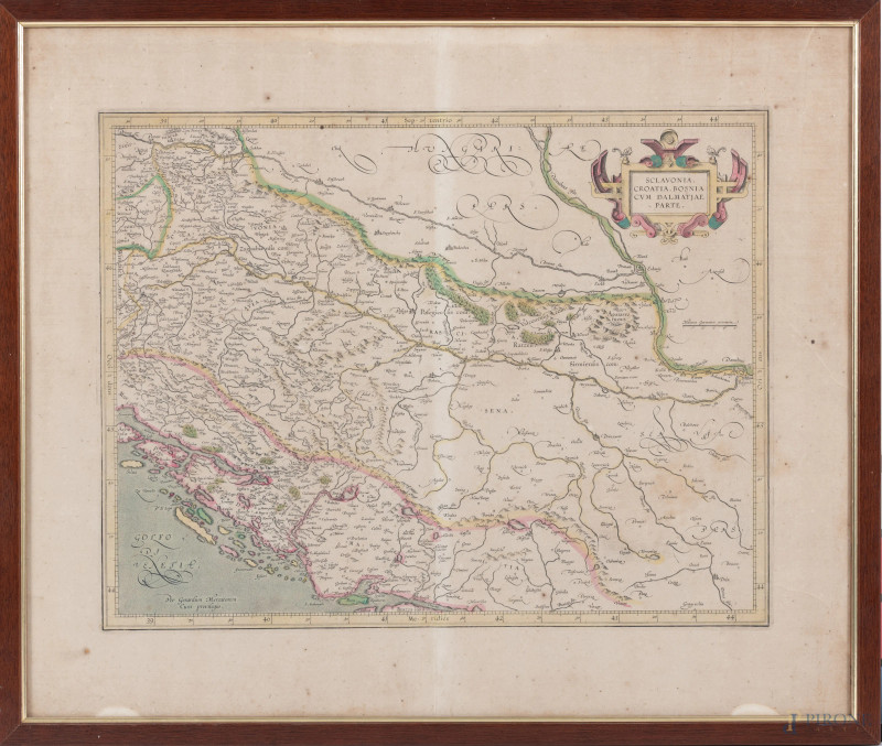 Carta geografica della Slavonia, Croazia, Bosnia e Dalmazia, XIX-XX secolo, cm 47,5x58, entro cornice, (tracce di umidità, foxing, bruniture, segni di usura, gore, difetti)  - Asta ASTA A TEMPO | VARIÆ - Aste Pirone