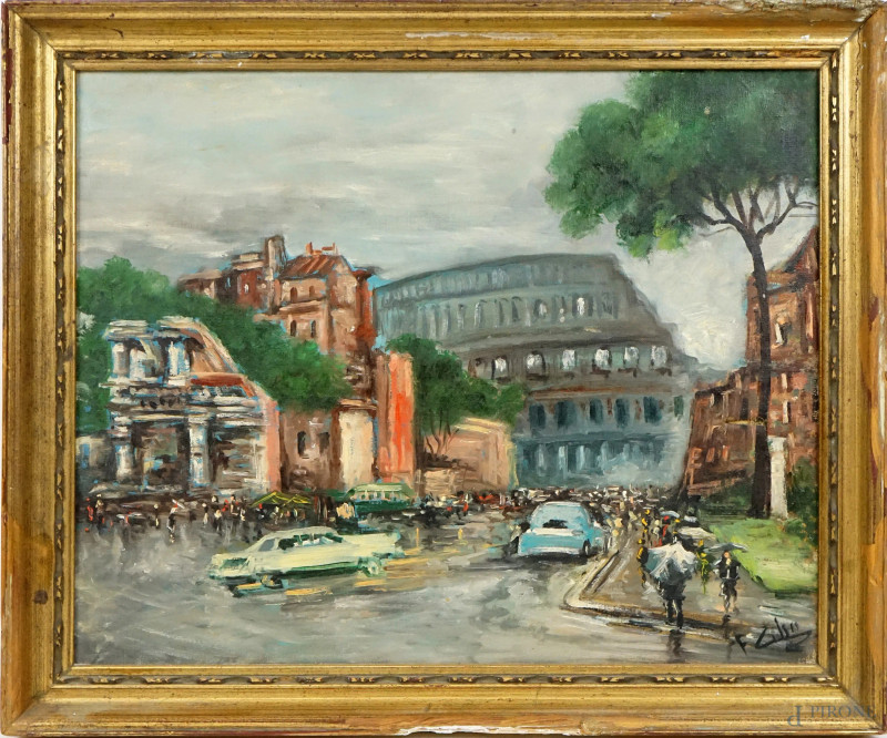 Via dei Fori Imperiali, olio su tela, cm 40x50, firmato, entro cornice.  - Asta ASTA A TEMPO - Aste Pirone