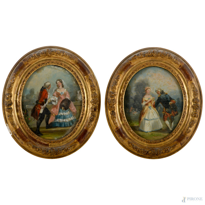 Coppia di scene galanti, tempera su cartoncino, fine del XIX secolo, cm 15x12,5 entro cornice (difetti)  - Asta ASTA A TEMPO | VARIÆ - Aste Pirone