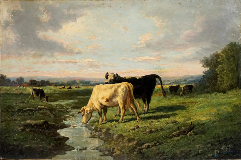 Paesaggio con armenti, olio su tela, cm 51x77, firmato e datato.  - Asta ASTA DI ANTIQUARIATO E ARTE MODERNA - Aste Pirone