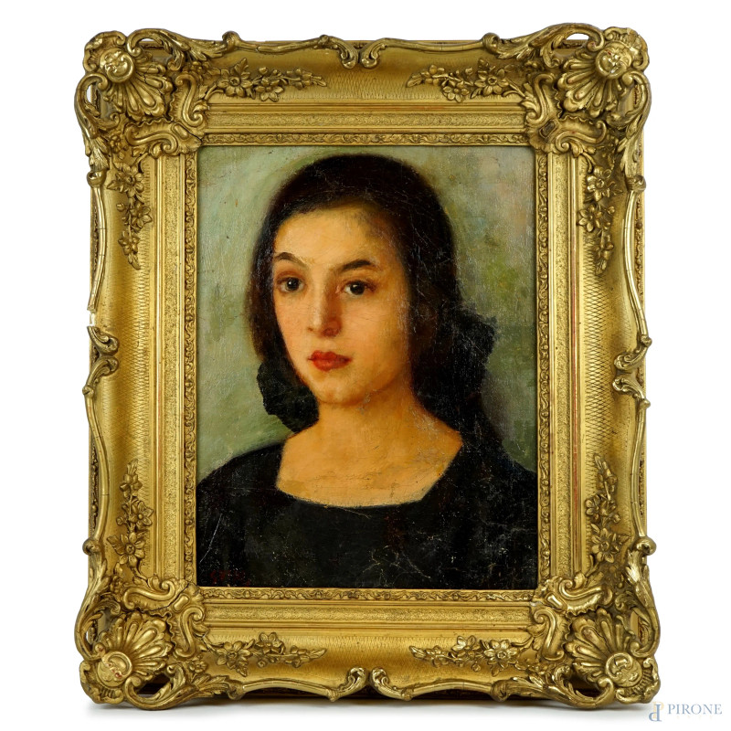 Ritratto di donna, olio su tela riportata su cartone, cm 39x34, firmato Guidi, entro cornice.  - Asta ASTA DI ANTIQUARIATO E ARTE MODERNA - Aste Pirone