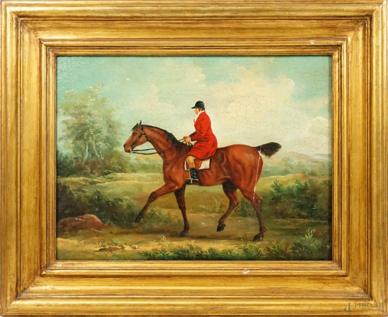 Figura a cavallo, olio su tela, cm 30x40, firmato, entro cornice  - Asta ASTA LIVE DI ANTIQUARIATO E ARTE MODERNA – DUE SESSIONI POMERIDIANE - Aste Pirone