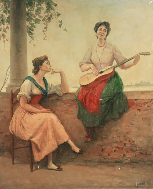 Melodia veneziana, olio su tela, cm 109x88, inizi XX secolo, (lievi difetti).  - Asta ASTA DI ANTIQUARIATO - Aste Pirone