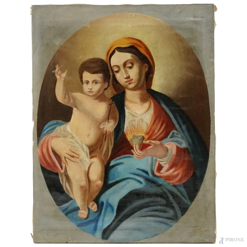 Madonna col Bambino, olio su tela, cm 67x51, XX secolo  - Asta II TORNATA DI ASTA DI ARTE MODERNA E ANTIQUARIATO - Aste Pirone