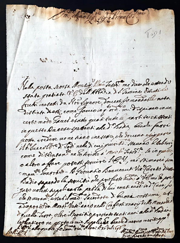 Antico raro manoscritto seicentesco umbro del 1696 scampato a incendio, vergato a penna d’oca e inchiostro di galla su carta 
vergellata  - Asta ASTA DI ARTE MODERNA, CONTEMPORANEA E VINTAGE - Aste Pirone