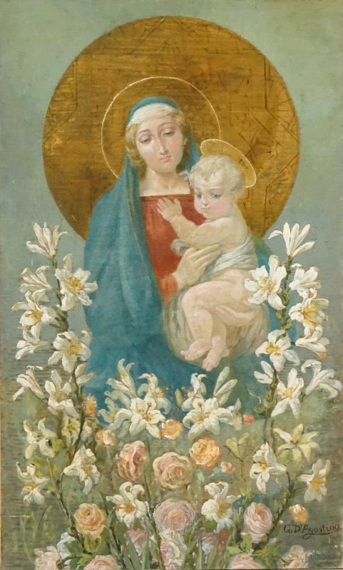 Madonna con Bambino, olio su tela, cm 115,5x70, firmato G.D'Agostino, (lievi difetti).  - Asta ASTA DI ARTE MODERNA, CONTEMPORANEA E VINTAGE - Aste Pirone