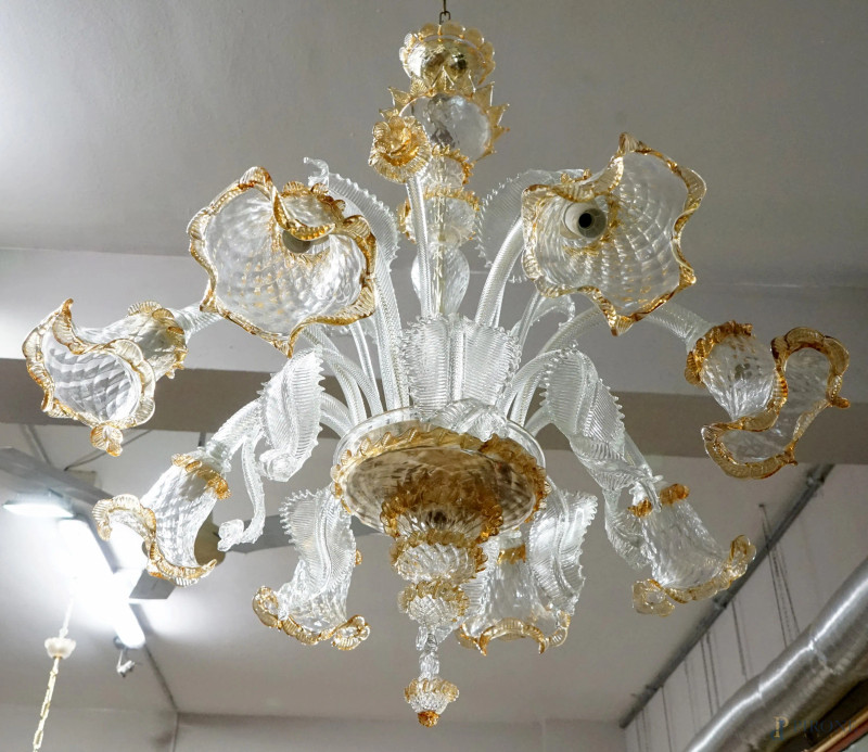 Lampadario in vetro di Murano ad otto luci, cm h 95, XX secolo  - Asta ASTA A TEMPO - DUE SESSIONI - Aste Pirone