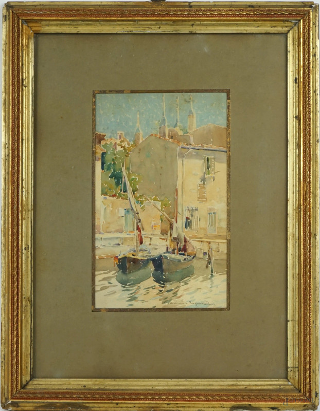 Raymond Casimir : Canale di Venezia con barche, acquarello su carta, cm 23x14, entro cornice  - Asta ASTA DI ANTIQUARIATO E ARTE MODERNA - Aste Pirone