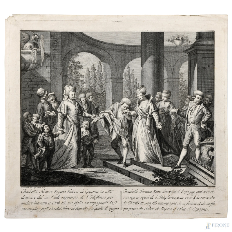 Incisione raffigurante l'incontro tra Elisabetta Farnese e Carlo III, XVIII secolo, cm 38x42  (segni di usura, tracce di umidità, gore, foxing, lacerazioni della carta, tracce di piegatura)  - Asta RAPIDA SOLIS - Aste Pirone