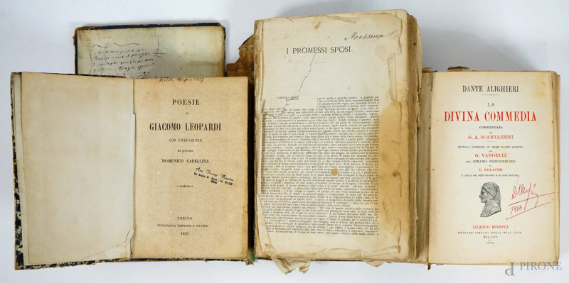 Lotto composto da tre volumi di letteratura italiana, autori Dante Alighieri, Giacomo Leopardi, Alessandro Manzoni, XIX-XX secolo, (difetti)  - Asta ASTA DI ARTE MODERNA, CONTEMPORANEA E VINTAGE - Aste Pirone