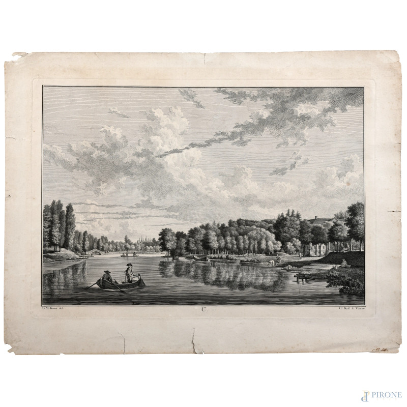 Incisione raffigurante lago di parco cittadino, XIX secolo, cm 42x55,  (segni di usura, tracce di umidità, gore, foxing, lacerazioni della carta, tracce di piegatura)  - Asta RAPIDA SOLIS - Aste Pirone