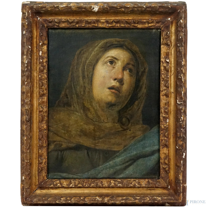 Scuola italiana del XVII secolo, Maria Vergine, olio su tela, cm 45,5x36, entro cornice, (difetti)  - Asta ASTA A TEMPO DI ANTIQUARIATO E ARTE MODERNA – DUE SESSIONI - Aste Pirone