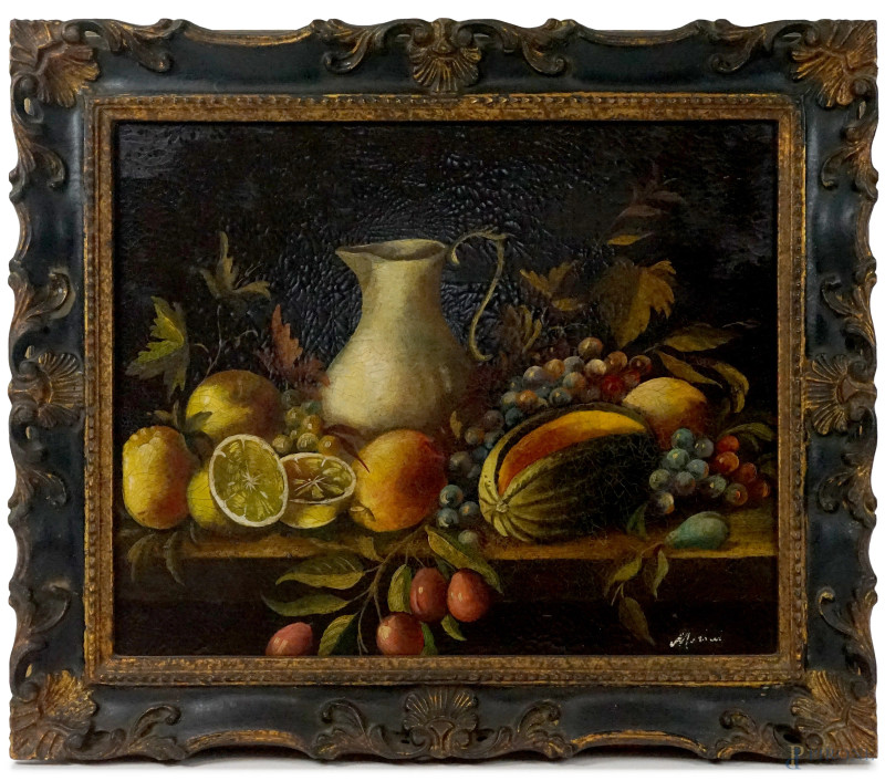 Natura morta con brocca e frutti, olio su tela, cm 40x50 , firmato Morini, entro cornice.  - Asta ASTA A TEMPO DI ANTIQUARIATO E ARTE MODERNA - Aste Pirone