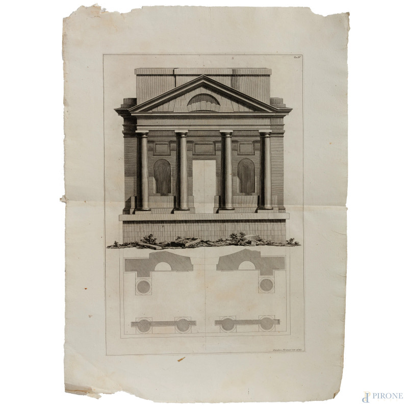 Giovanni Battista Piranesi  (1720-1778), Acquaforte, I stato dalla serie "Architetture",  foglio cm 78,5x56, segni di piegatura, tracce di usura, strappi ai margini)  - Asta ASTA A TEMPO | PICTA MANENT - Aste Pirone