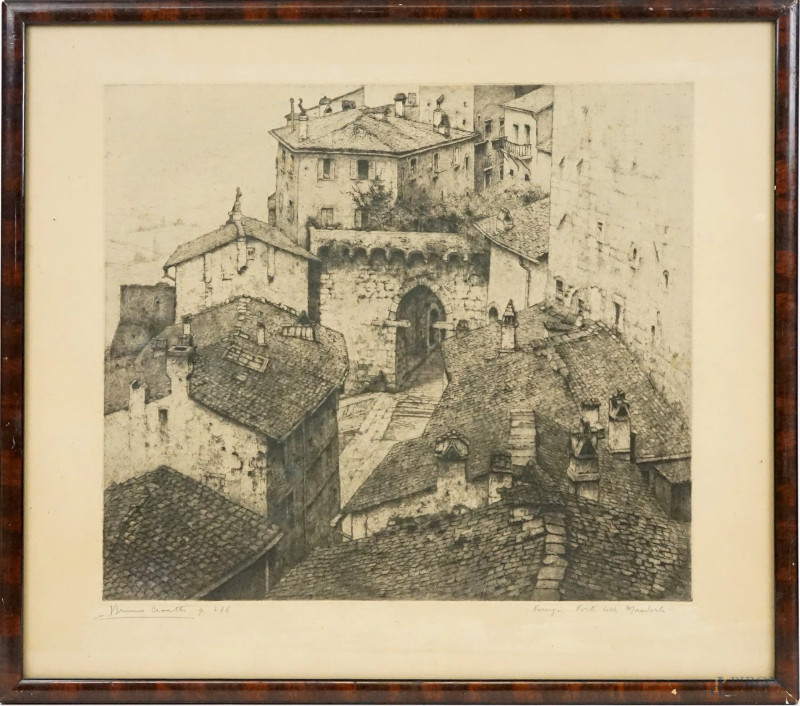 Bruno Croatto : Perugia-Arco della Mandorla, multiplo su carta, cm 40X45, entro cornice.  - Asta ASTA A TEMPO di Arte Moderna e Antiquariato - Aste Pirone