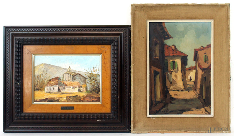 Lotto di due dipinti raffiguranti un casolare montano ed un vicolo, olio su tavola, cm 30x20, firmati, entro cornici.  - Asta ANTIQUARIATO E ARTE MODERNA - Aste Pirone