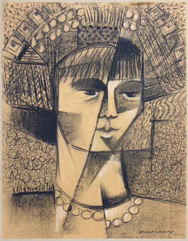 Artista cubo-futurista russo del XX sec., Ritratto femminile, carboncino e biacca su carta, cm 48x36, firmato in basso a destra in caratteri cirillici, entro cornice.  - Asta ASTA DI ARTE MODERNA E ANTIQUARIATO - Aste Pirone