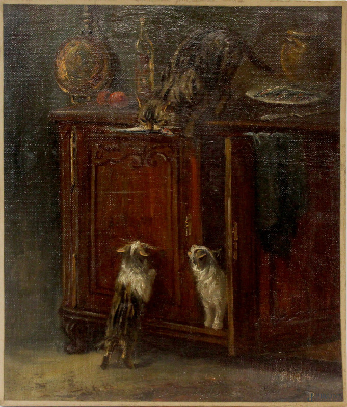 Scuola europea del XIX-XX secolo, Interno con gatti che rubano un pesce, olio su tela, cm 55x46.  - Asta ANTIQUARIATO E ARTE MODERNA - Aste Pirone