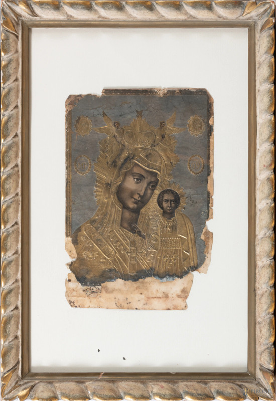 Frammento a tecnica mista su applicato su carta raffigurante Madonna con Bambino, XIX-XX secolo, cm 25x17, (segni di usura, mancanze, lacerazioni, difetti, craquelure, sollevamenti di colore)  - Asta RAPIDA SOLIS - Aste Pirone