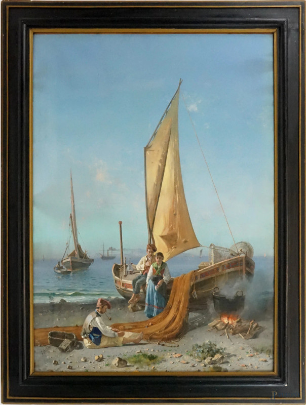 Spiaggia con pescatori, tempera su carta, cm 108x70, firmato, entro cornice, (difetti)  - Asta ASTA A TEMPO DI ANTIQUARIATO E ARTE MODERNA - Aste Pirone