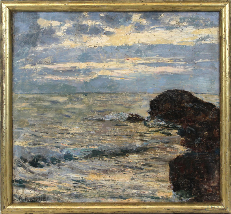 Scogli, olio su tela riportata su cartone, cm 34x36, firmato, entro cornice, (lievi difetti).  - Asta ASTA DI ARTE MODERNA E ANTIQUARIATO - Aste Pirone