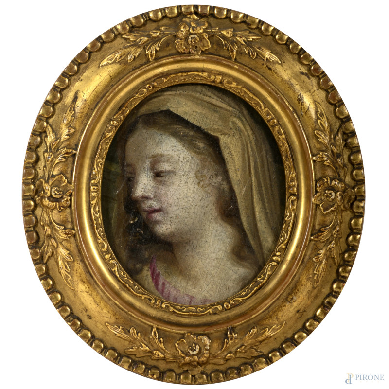 Madonna, XVIII secolo, olio su tela applicata su cartone, cm 11,5x10, entro cornice, (difetti)  - Asta ASTA A TEMPO | IN ARTE VERITAS - Aste Pirone