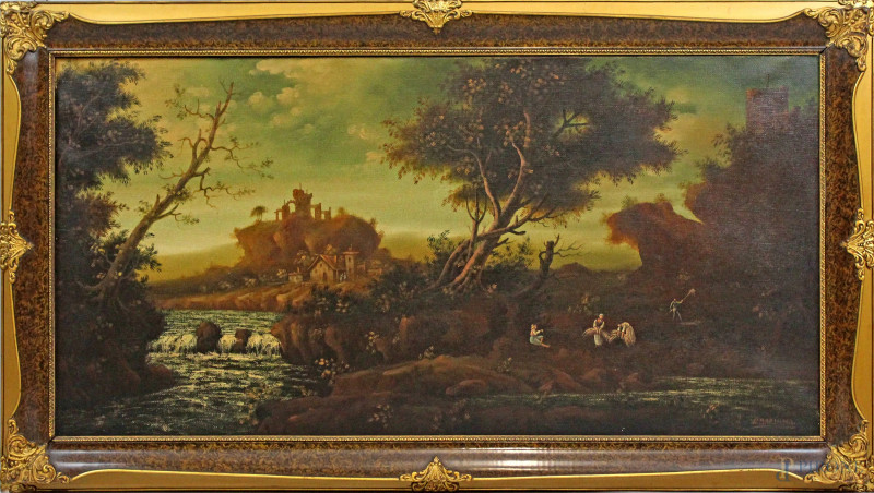 Paesaggio fluviale con rovine e figure, olio su tela, cm 60x120, firmato, entro cornice.  - Asta ANTIQUARIATO E ARTE MODERNA - Aste Pirone