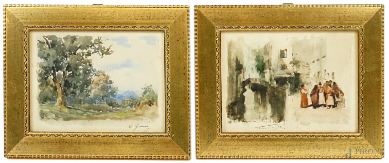 Lotto di due piccoli acquarelli su carta raffiguranti "Paesaggio" e "Canale con figure", misure max cm 12,5x16 circa, firme di autori diversi, entro cornici.  - Asta ASTA A TEMPO - Aste Pirone