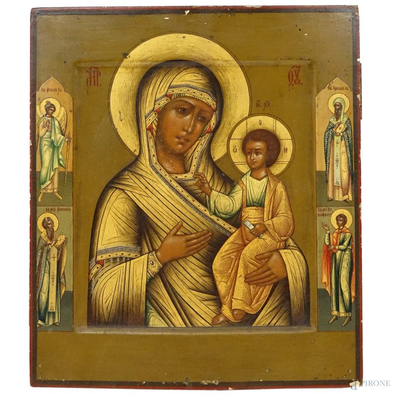 Icona raffigurante Madonna con Bambino e Santi, tempera su tavola, cm 31x26.5, fine XIX-inizi XX secolo, (difetti)  - Asta ASTA A TEMPO DI ANTIQUARIATO E ARTE MODERNA - Aste Pirone