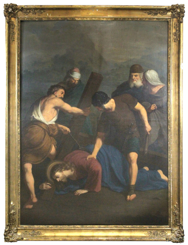 Episodio della Via Crucis, settima stazione "Cristo cade per la seconda volta", olio su tela, cm 182x132,5, firmato Roy 1863, entro cornice, (difetti).  - Asta ANTIQUARIATO E ARTE MODERNA - Aste Pirone