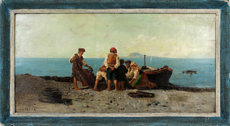 Pescatori in spiaggia, olio su tavola, cm 57x23, firmato G.Laezza, entro cornice.  - Asta ANTIQUARIATO E ARTE MODERNA - Aste Pirone