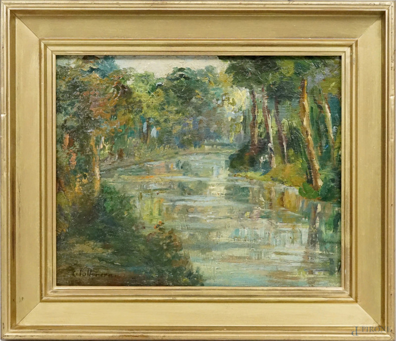 Paesaggio fluviale, olio su cartone, cm 22x27, firmato, entro cornice.  - Asta ASTA A TEMPO DI ANTIQUARIATO E ARTE MODERNA - Aste Pirone